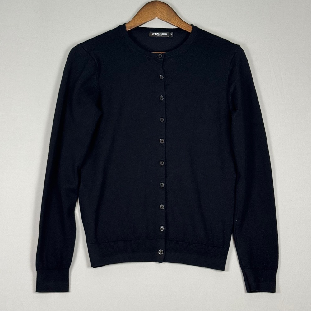Urban Coco Cardigan Women Medium Black Excellent Button Front Crew Neck Solid